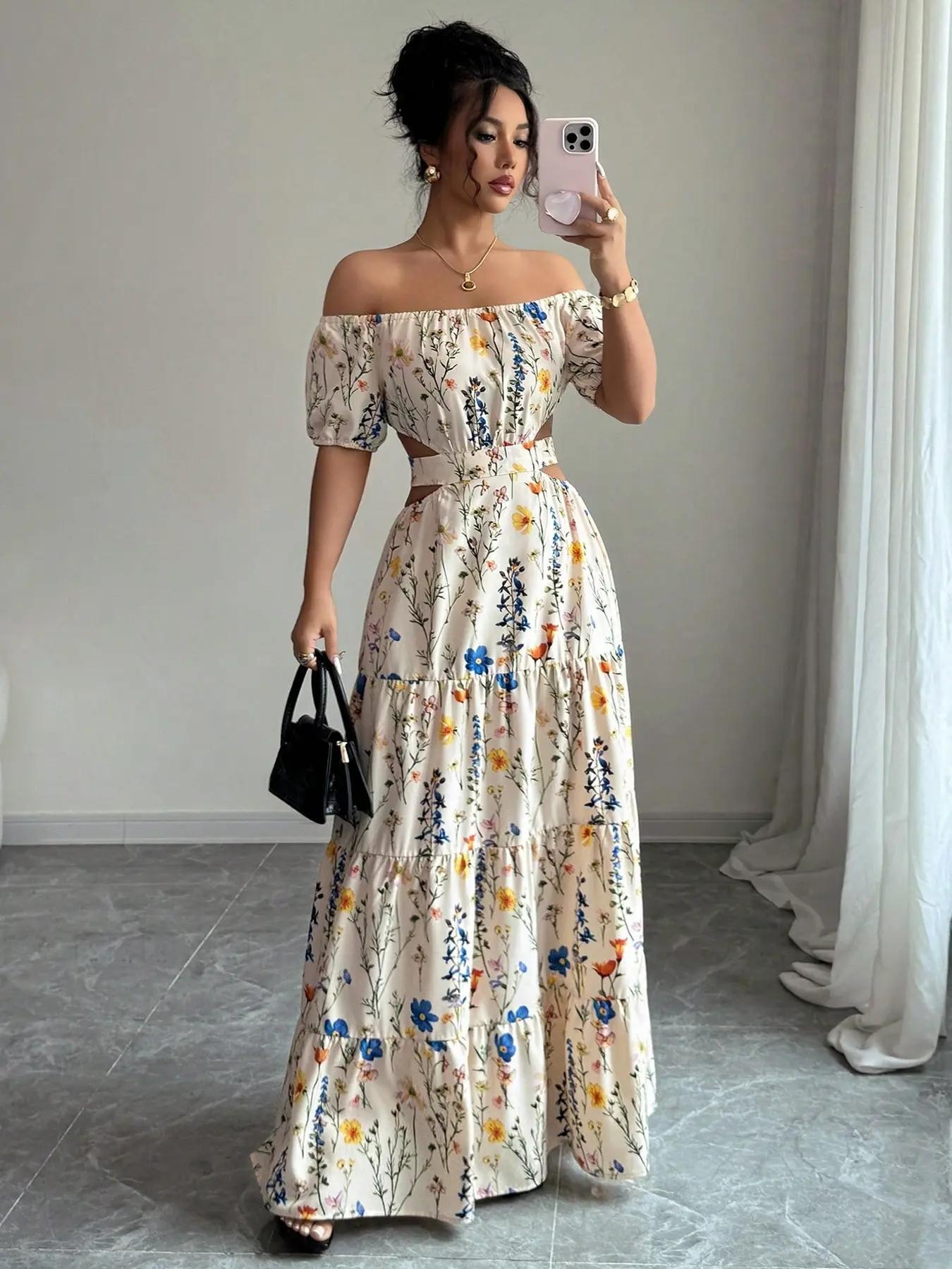 Women's Floral Print Off-Shoulder Maxi Dress, Bubble Sleeves & Waist Slit Design, Perfect Summer for Vacation Parties, Bohemian Style, Boho, Casual Wear Tie Front Comfortable Fit Blazer Midi Skirt Breathable