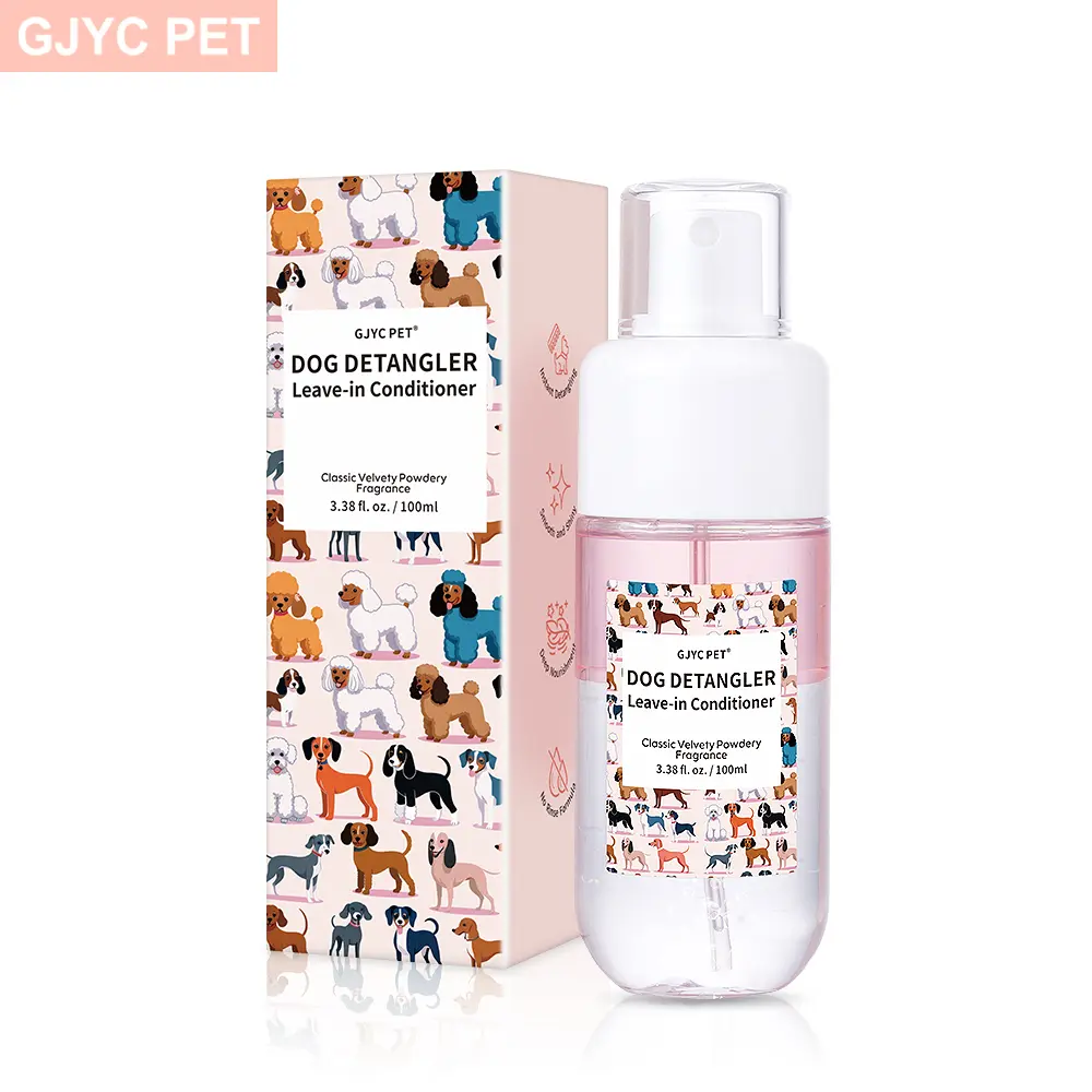 GJYC PET Dog Detangler & Dematting Liquid Spray - Leave-in Conditioner with Classic Powdery Scent, Natural Ingredients, Coconut Oil, Jojoba Oil, Squalane, Gentle & Safe for Puppies, No Sticky Residue, 3.38 fl.oz, 36 Months Shelf Life, Gentle And Safe For