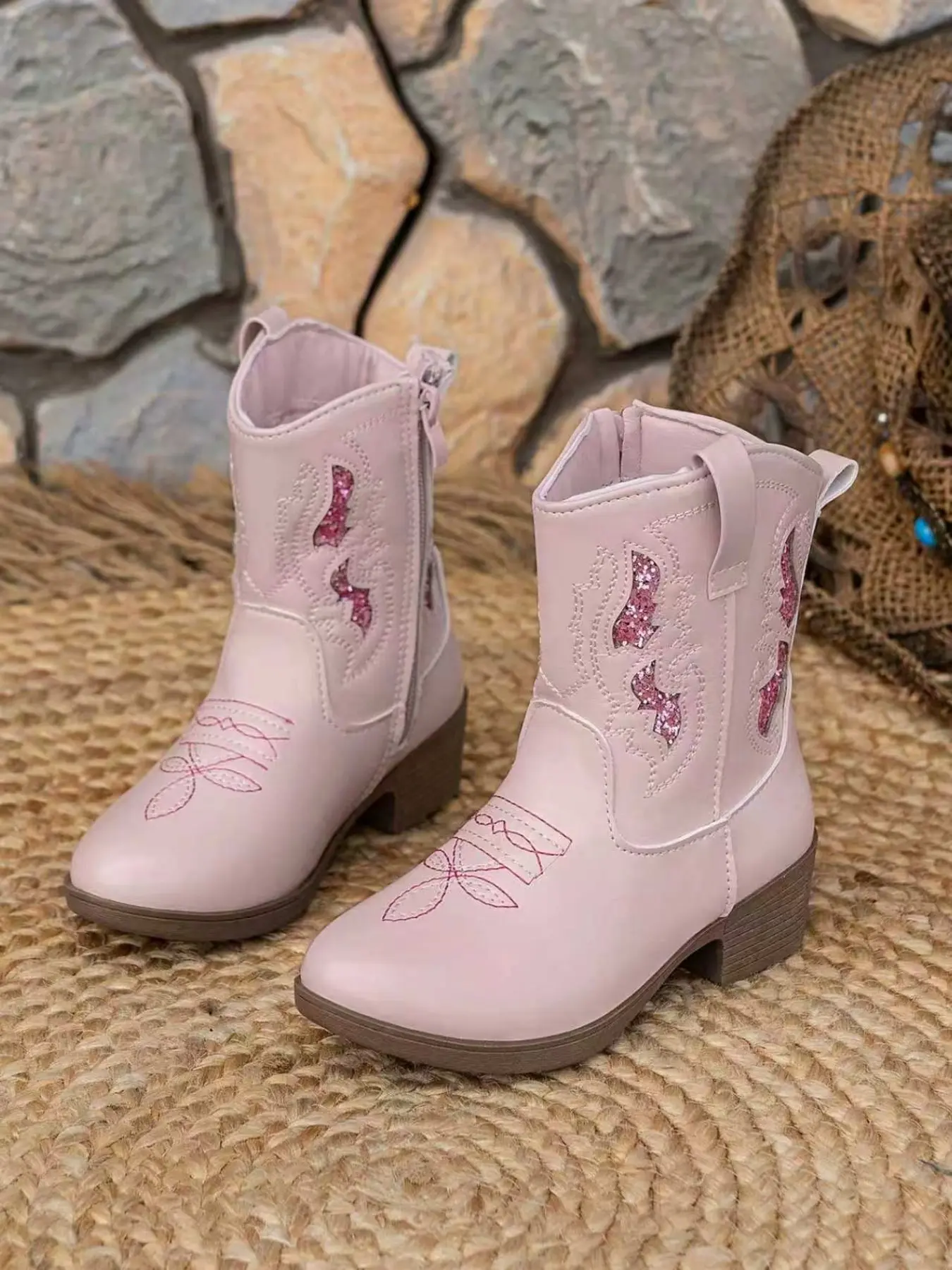 Western Style Low Heel Boots, Comfortable Walking Design, Woven Texture, Embroidery, Sequins, Side Zipper, Anti-Slip, Durable
