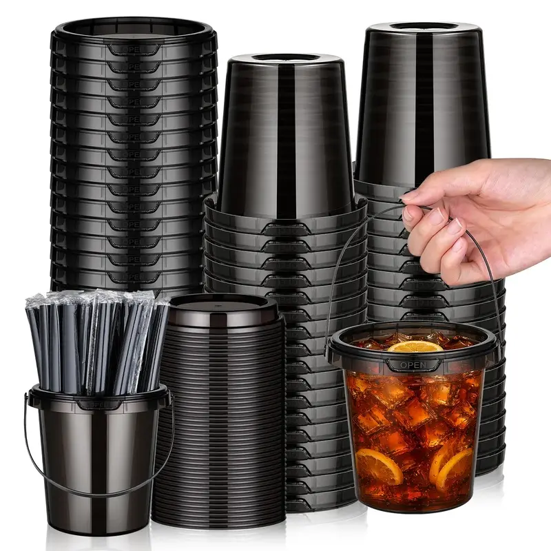 30 Sets 24oz Reusable Black PP Drink Buckets with Lids & Straws&handles, Halloween,iced coffee bucket,Leak-Proof,  Ideal for  Parties & Events, Food Truck Supplies,Drinking  Bucket with Handles for Coffee, Party Supplies,coffeebucket
