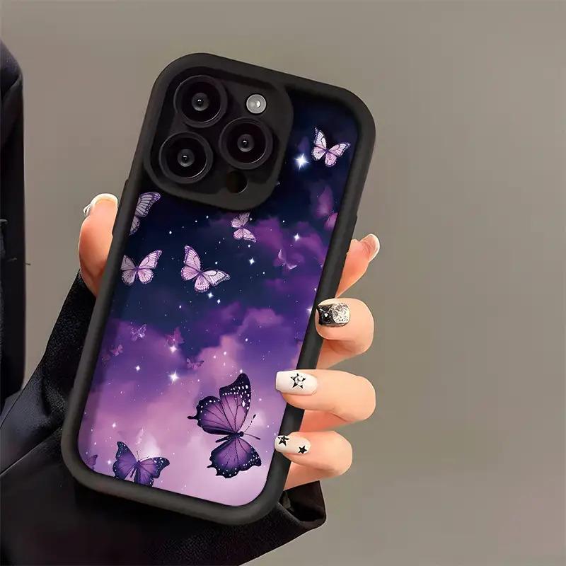Dreamy Purple Starry Sky Butterfly Pattern Mobile Phone Case,phone Case Suitable for Iphone 11/12/13/14/15/16/17 Pro Promax Plus Air and Samsung S22/S23/S24/S25 Plus Ultra Fe,TPU Anti-Fall Protection Soft Case