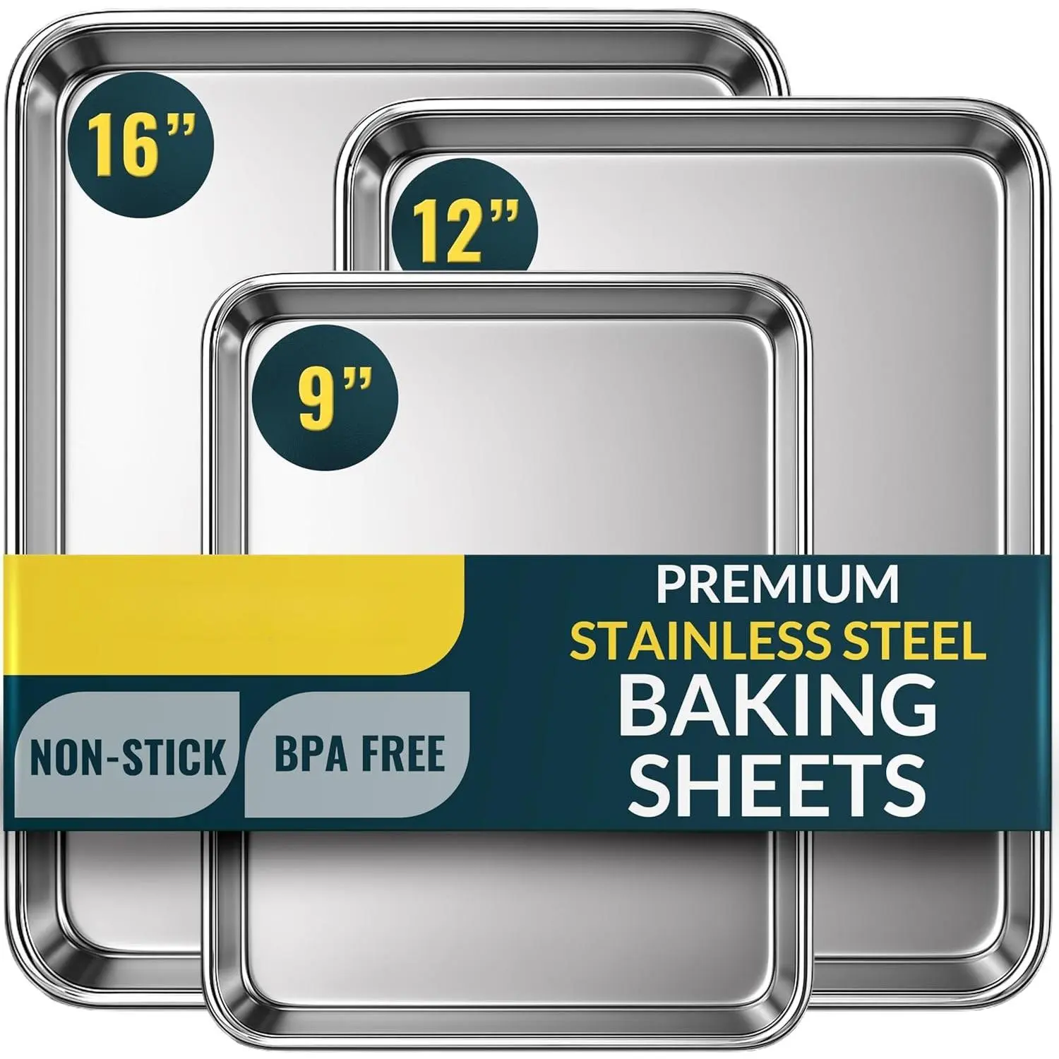 Stainless Steel Cookie Sheet Pan | Baking Set of 3, Mirror Finish, Non-Stick, Rust Resistant, , Dishwasher Safe, 9/12/16"