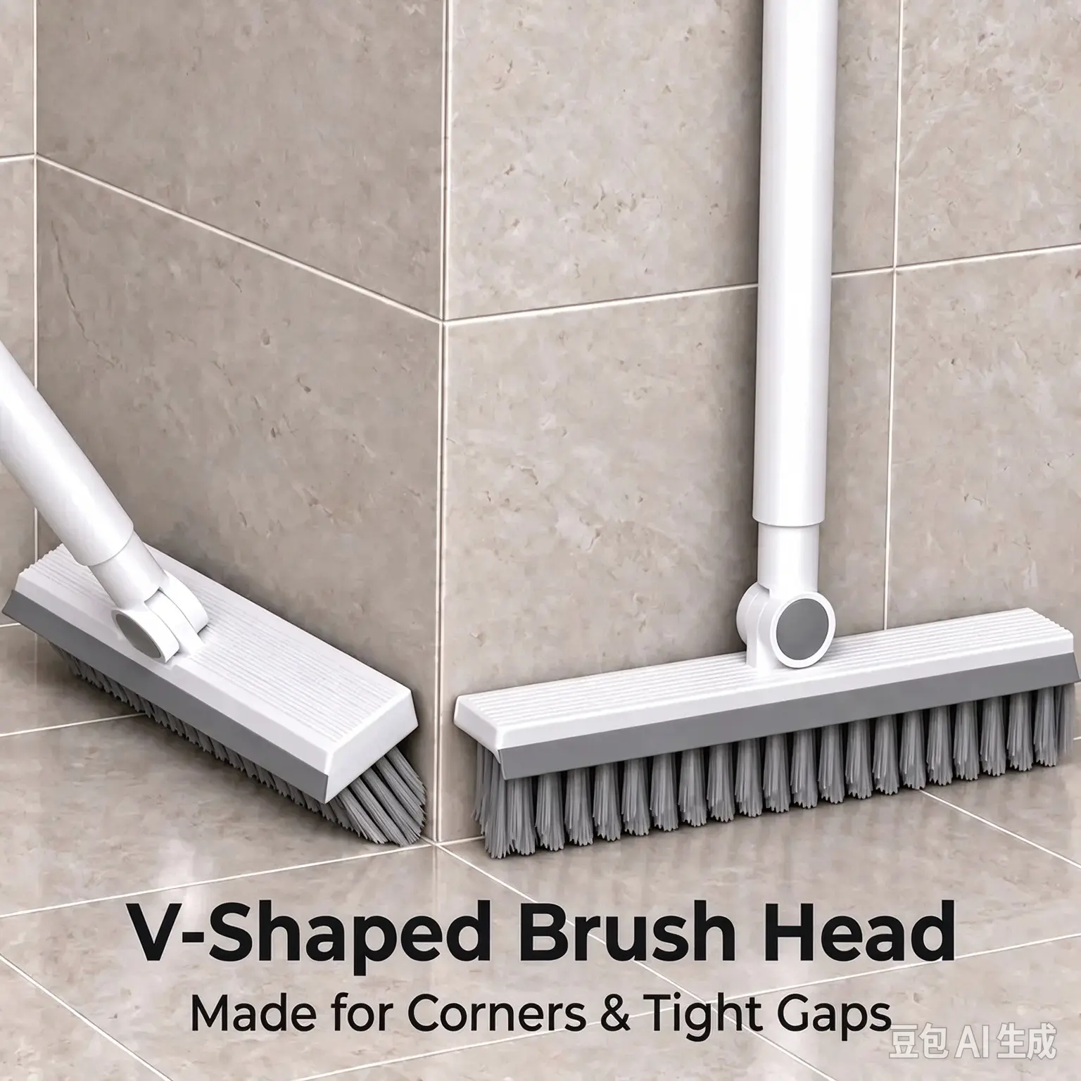 V-Shaped Bathroom Scrub Brush with Squeegee, Long Handle Floor Scrubber for Shower Tile, Grout Lines and Kitchen Floors, Multipurpose Corner Cleaning Brush for Narrow Gaps, Wall Edges and Everyday Household Cleaning, Scrubbing and Water Removal
