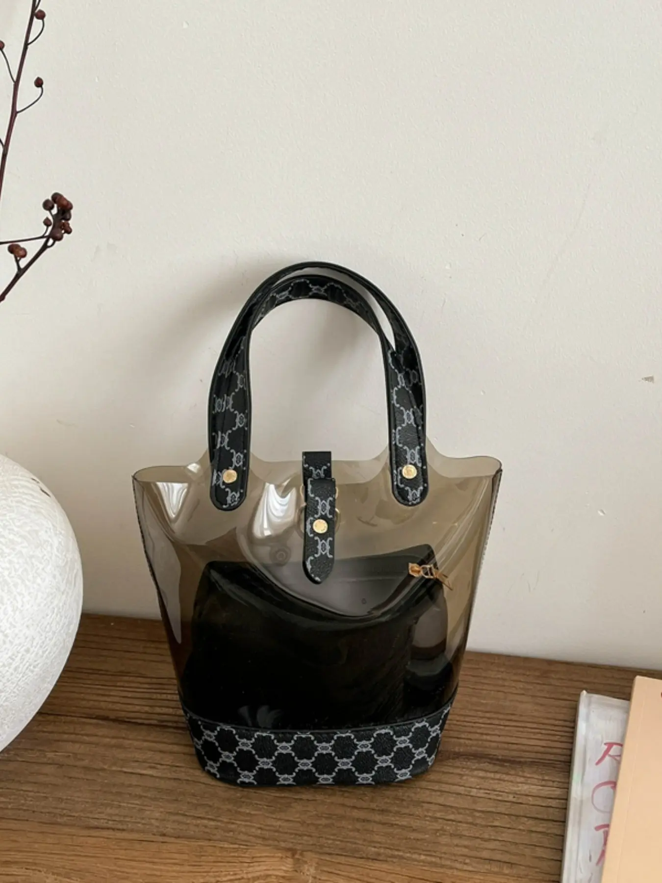 Trendy Transparent Bucket Bag Set, Two-Piece Fashionable Handbag, Large Capacity Crossbody & Shoulder Bag, Elegant Floral Print Design, Clear Bag, Crossbody Handbag Sets
