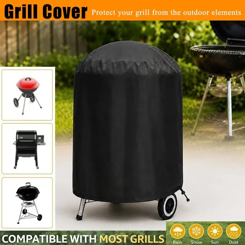 Round Oxford Grill Rack Cover, Outdoor BBQ Grill Protector with Drawstring, Dustproof Sunscreen, Garden Patio Grill Guard