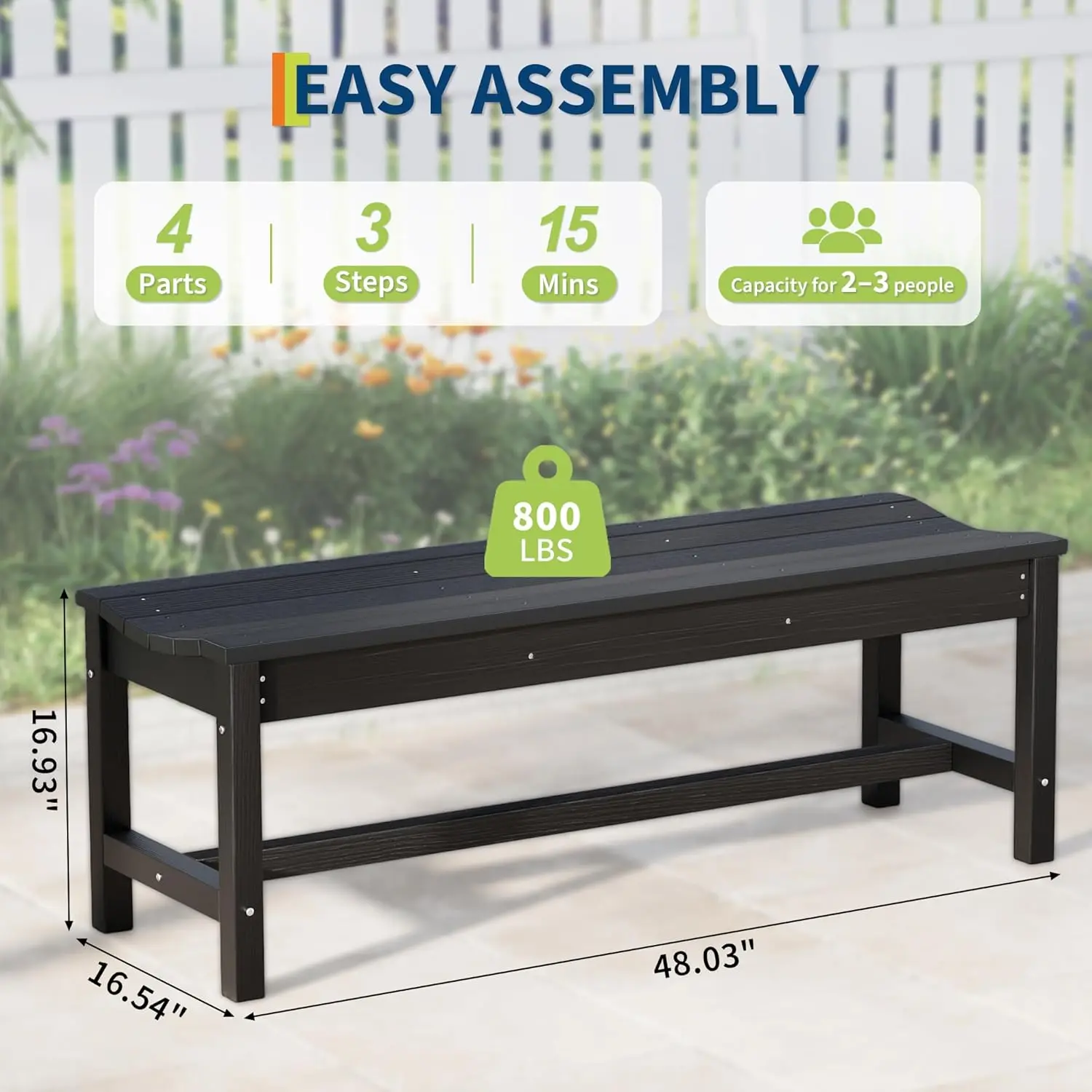 Heavy Duty HDPE Outdoor Garden Bench - 2-Person Backless Curved Seat - Weatherproof, Supports 800 lbs - Ideal Patio Chair for Porch, Park, Entryway - Black