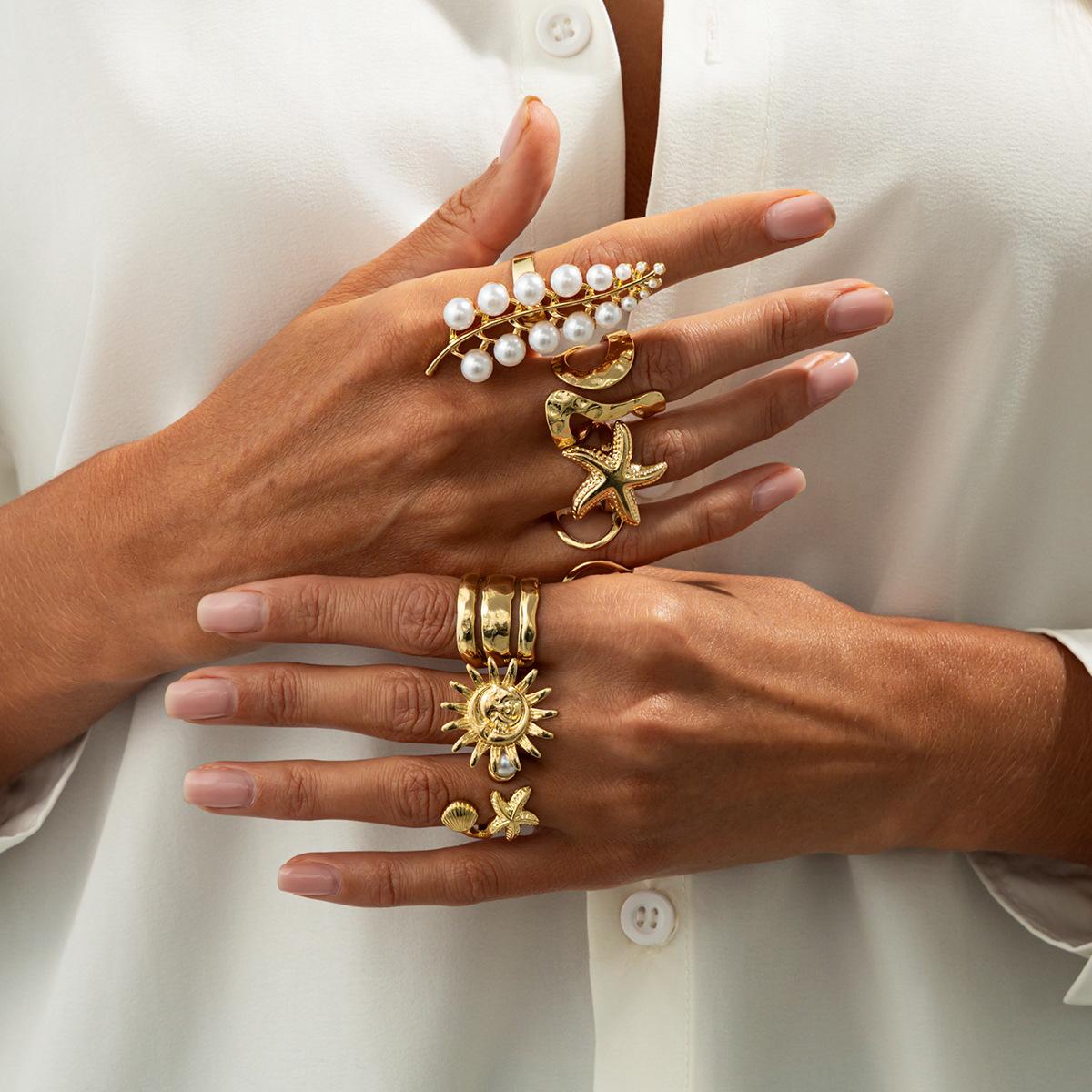 Ocean Vacation Style Starfish & Shell Rings Set – Unique Pearl-Embellished Branch Design