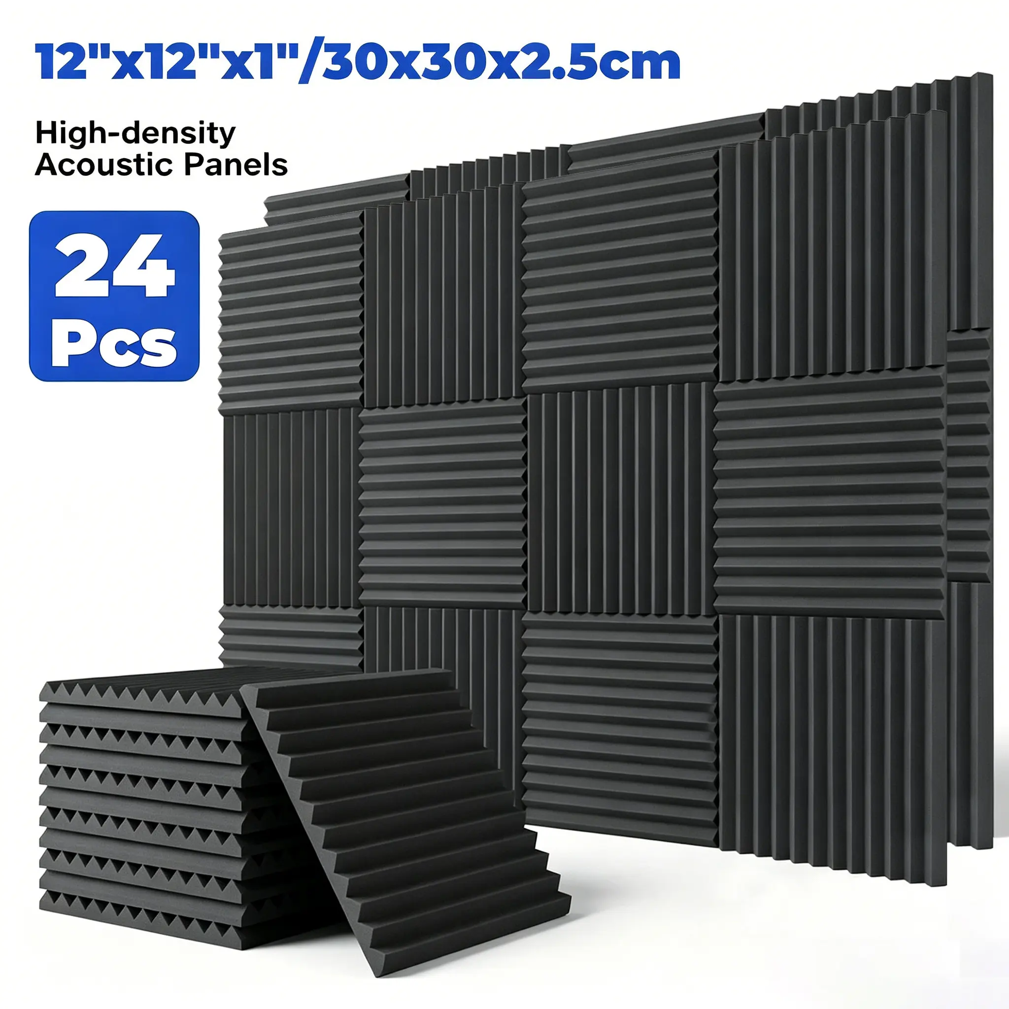 24 piece black/gray high-density acoustic foam sound-absorbing wedge plate, 12x12x1 inch sound-absorbing wall panel, suitable for music room/home studio/conference room/recording studio/podcast room fashionable wall decoration sound-absorbing panel