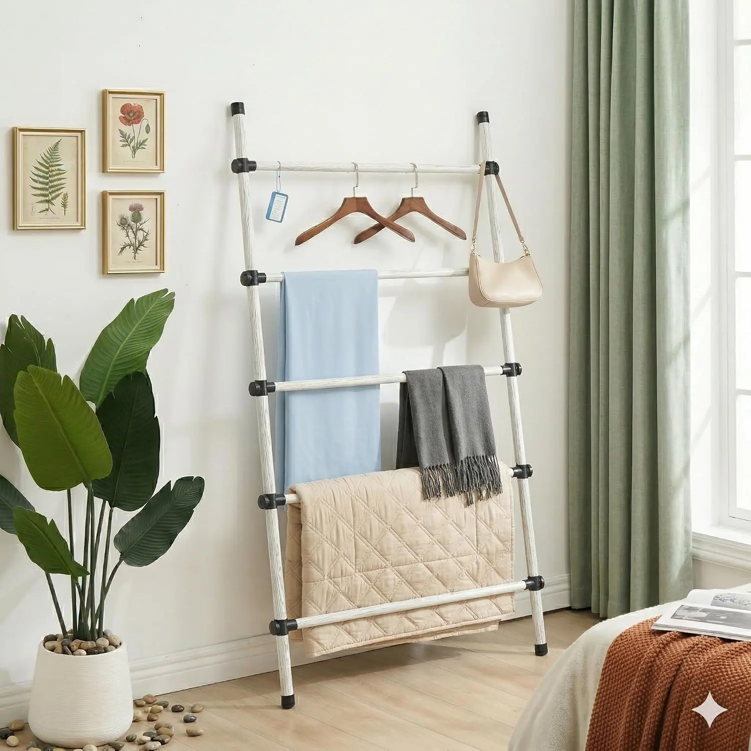 Metal Expandable Blanket Ladder Adjustable width 17-32 Inch | Wall Leaning Quilt Rack Holder for Living BedRoom 45 Lbs Capacity Rustic White  Grain