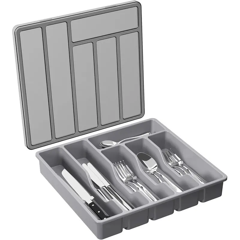 Covered Silverware Organizer Tray, Utensil Storage Box with Lid, 12.6" x 11.8" Flatware Holder for Kitchen Drawer & Countertop