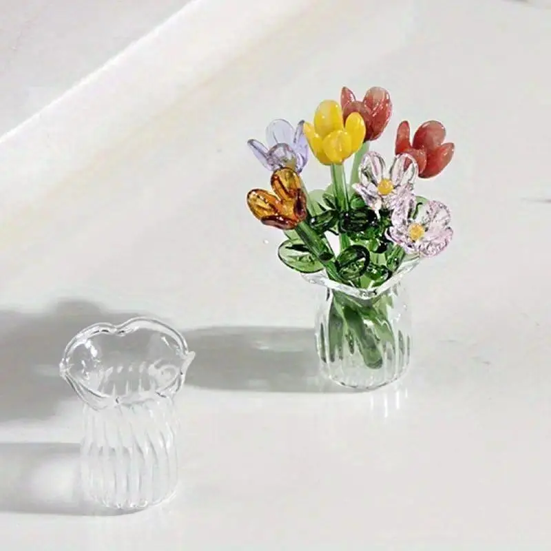 1 set (7 flowers+1 vase) glass simulation flower decoration ornaments, handcrafted mini glass flowers, DIY flower arrangement bouquets, faux flowers, Artificial mixed flower, Decorative Flowers Bouquet, suitable for gifting, event decorations