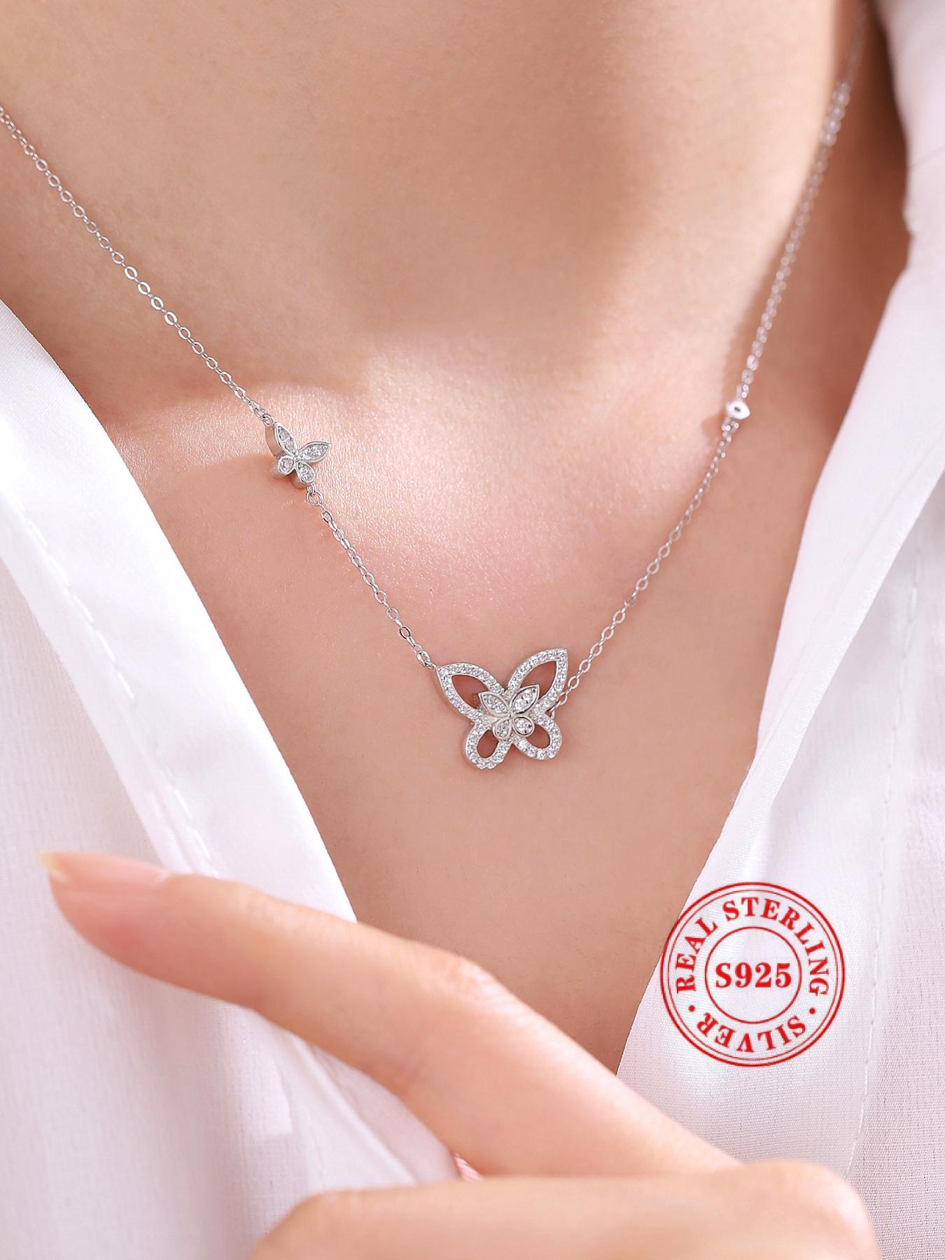 S925 Sterling Silver Butterfly Design Pendant Necklace, Artificial Zircon Decor Necklace for Women & Girls, Trendy All-match & Exquisite Jewelry for Birthday Gift, Valentine's Day, Gift