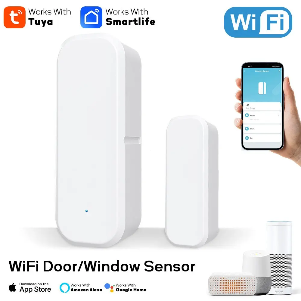 Tuya WiFi Smart Door Window Contact Sensor, Real-Time Monitoring, Indoor Security Alarm, Compatible with Alexa and Google Home