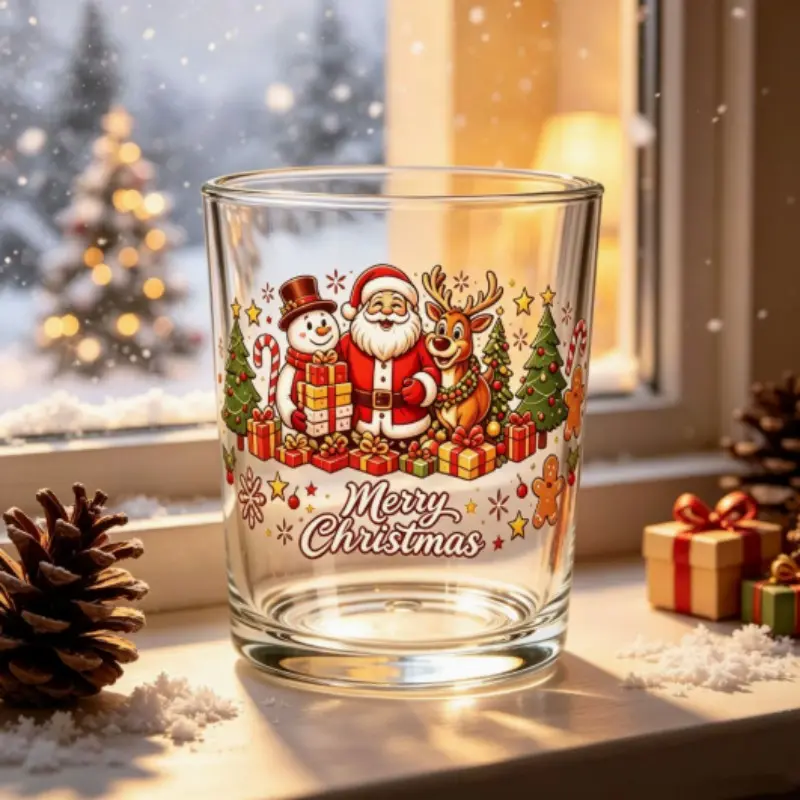 Christmas Santa Claus Reindeer Snowman Print Clear Glass Cup, Festive Holiday Tumbler, Iced Coffee Juice Glass, Perfect Christmas Gift