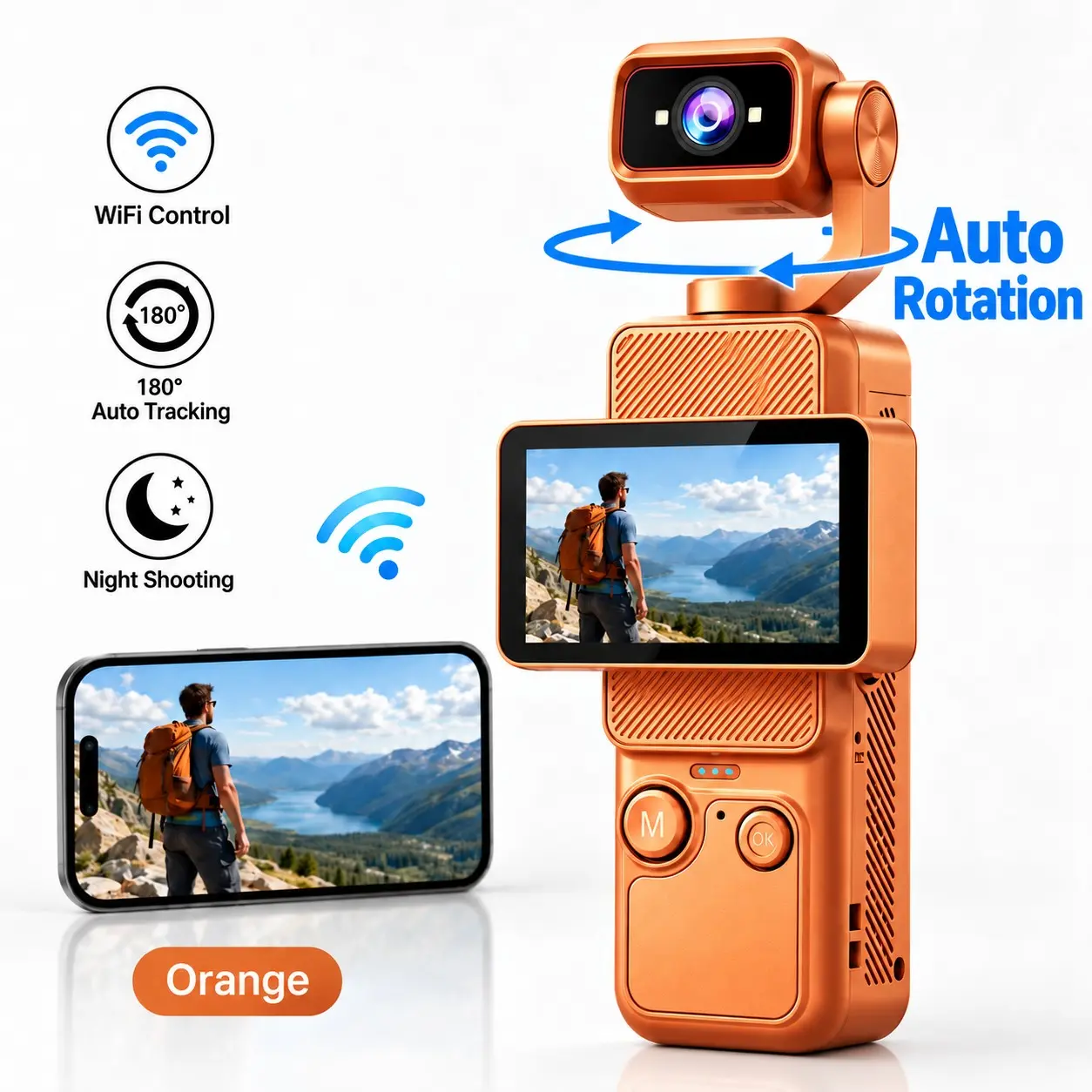 Portable HD Gimbal Camera, Pocket Vlog Camera with Auto Rotating Lens, Smooth Stabilized Video, WiFi Connection, 6X Zoom, Type-C Charging Rechargeable Vlog Camera for Travel, Camping & Content Creation