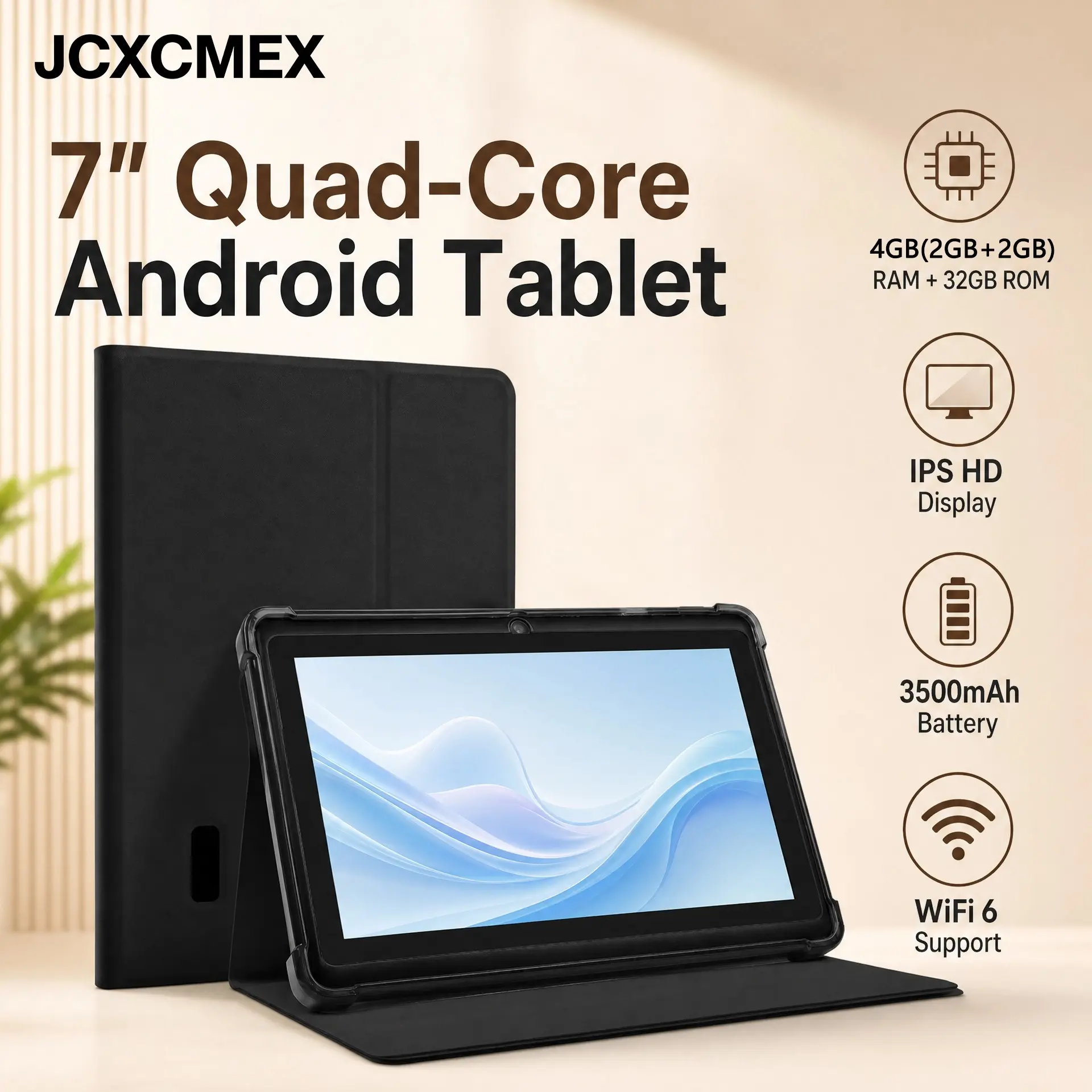 JCXCMEX，7 Inch，Android 14 Tablet, Quad-Core Processor, 4GB RAM, 32GB Storage, 3500mah Battery, IPS Display, Dual Cameras, Wi-Fi 6