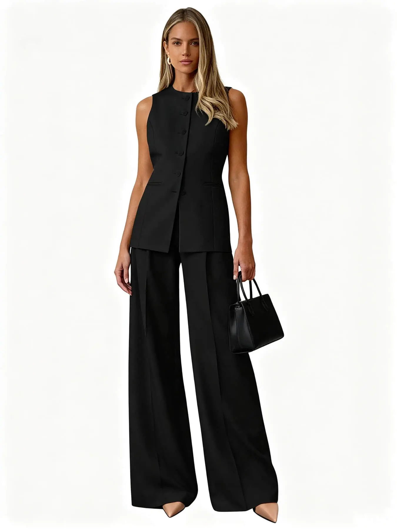 Two piece women's fashionable, elegant and high-end work commuting wide leg pants sleeveless suit set, sleeveless vest design, suitable for spring, suitable for light luxury store exploration, workplace presentation, light business date.