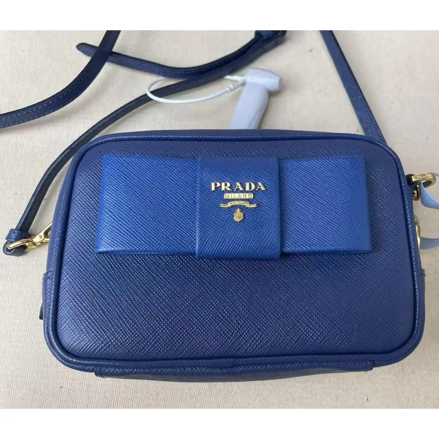 Pre-owned PRADA Saffiano Leather Bow Crossbody Bag, Blue, Versatile Daily Commute Style