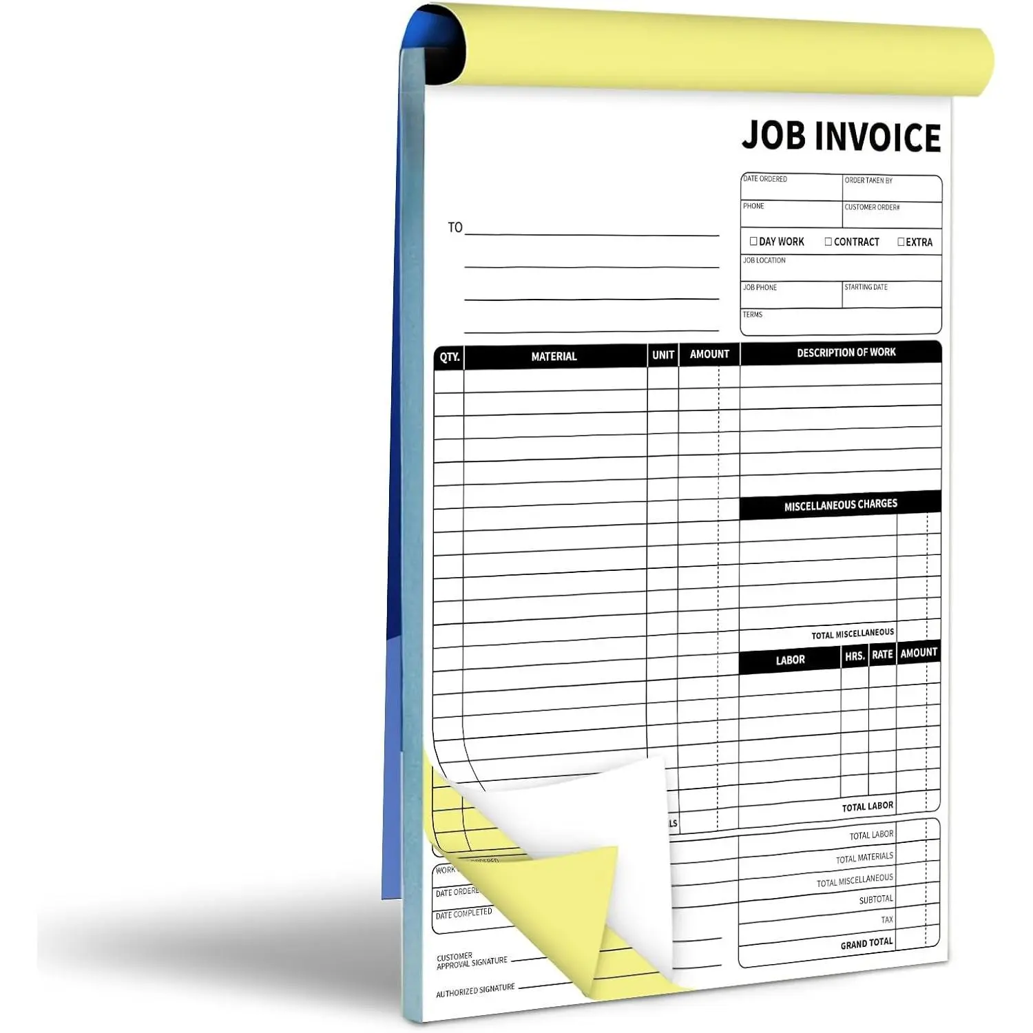 Carbonless Work Order Forms 7.5 x 11 Inches, 2-Part Invoice/Receipt Book with Carbon Copy and Backing Board for Small Business, 50 Sets
