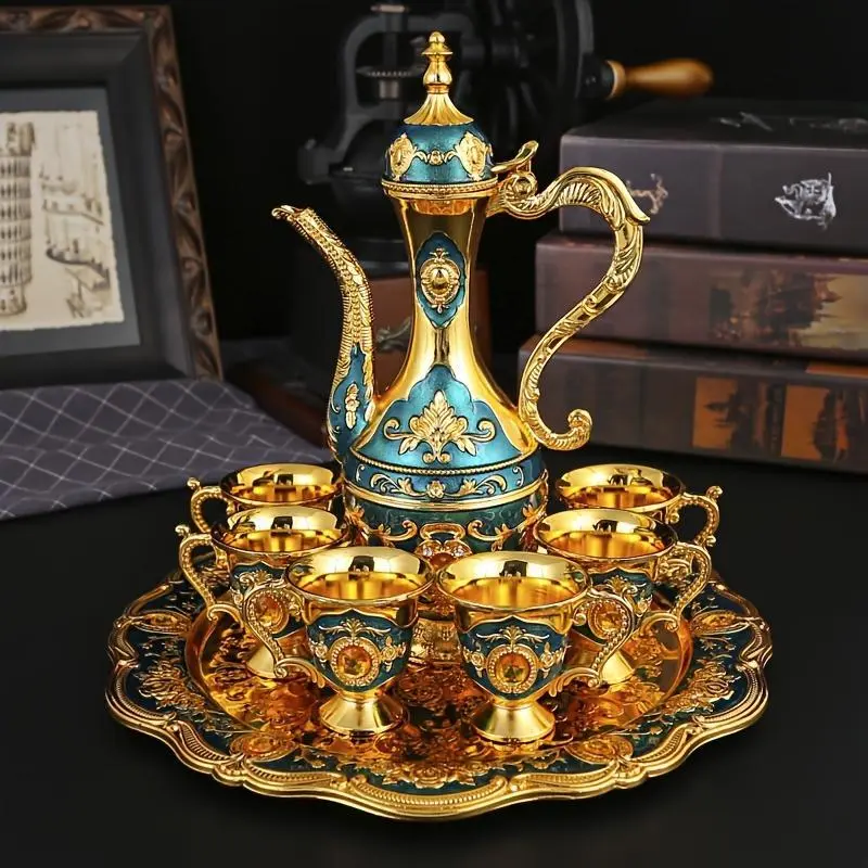 LDQ Zinc Alloy Material, A Stylish And Durable Set Of Golden Coffee Pot, European-Style Tea Set, 6 Luxurious Coffee Cups, Elegant And Generous Guest Drinking Utensil Set, Craft Tea Tray And Teapot, Used For Tea, Coffee, Cappuccino