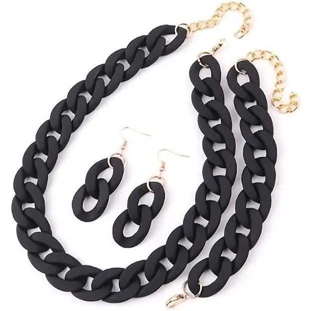 Macaron Multicolor Chunky Necklace Earring Bracelet Set  Beads Retro Costume  for Women  Hop Punk Choker Link Chain  Bohemian Exaggerated 80S Statement Strand Dress Accessories