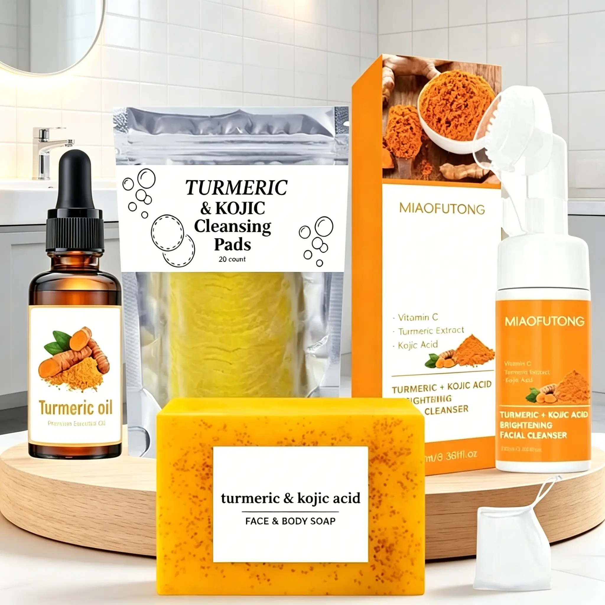 Turmeric and Kojic Acid Skincare Set, Daily Care Brightening Kit, Moisturizing, Includes Soap, Oil, Foam Cleanser, Exfoliating Cloth, Antioxidant Moisturizer, Hyaluronic Acid