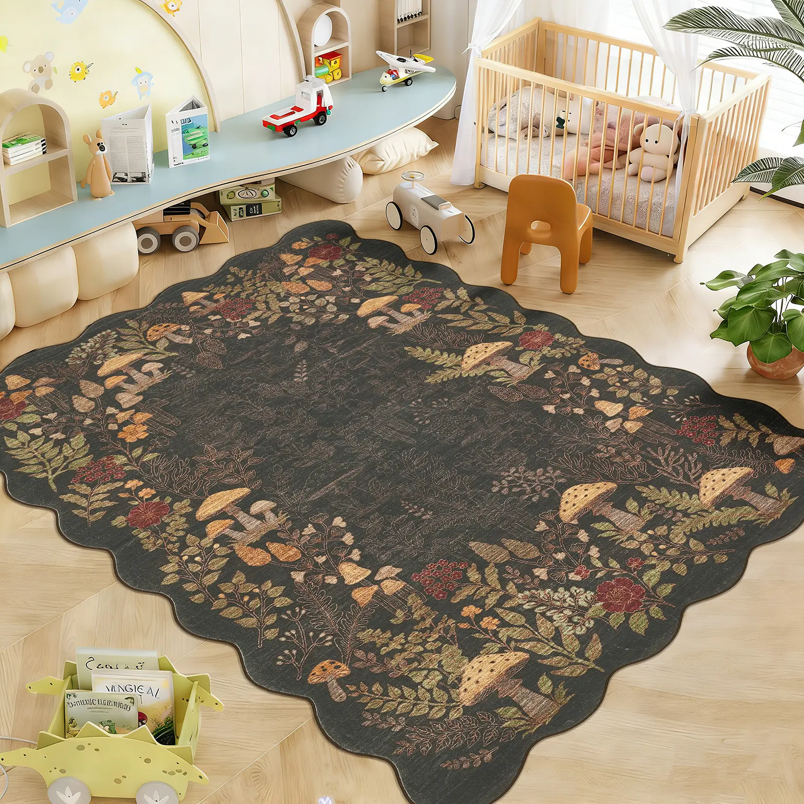 Farmhouse Mushroom Fan-Shaped Border Area Rug, Large Ultra-Thin Low-Pile Soft Foldable Washable Non-Slip Non-Shedding Decor Rug for Living Room,Bedroom, Playroom, Kids Room and Cafe Indoor Decor