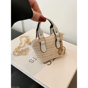 Women's Casual Woven Mini Crossbody Bag, Solid Street Style Design with Keychain Included for AirPods & Coins
