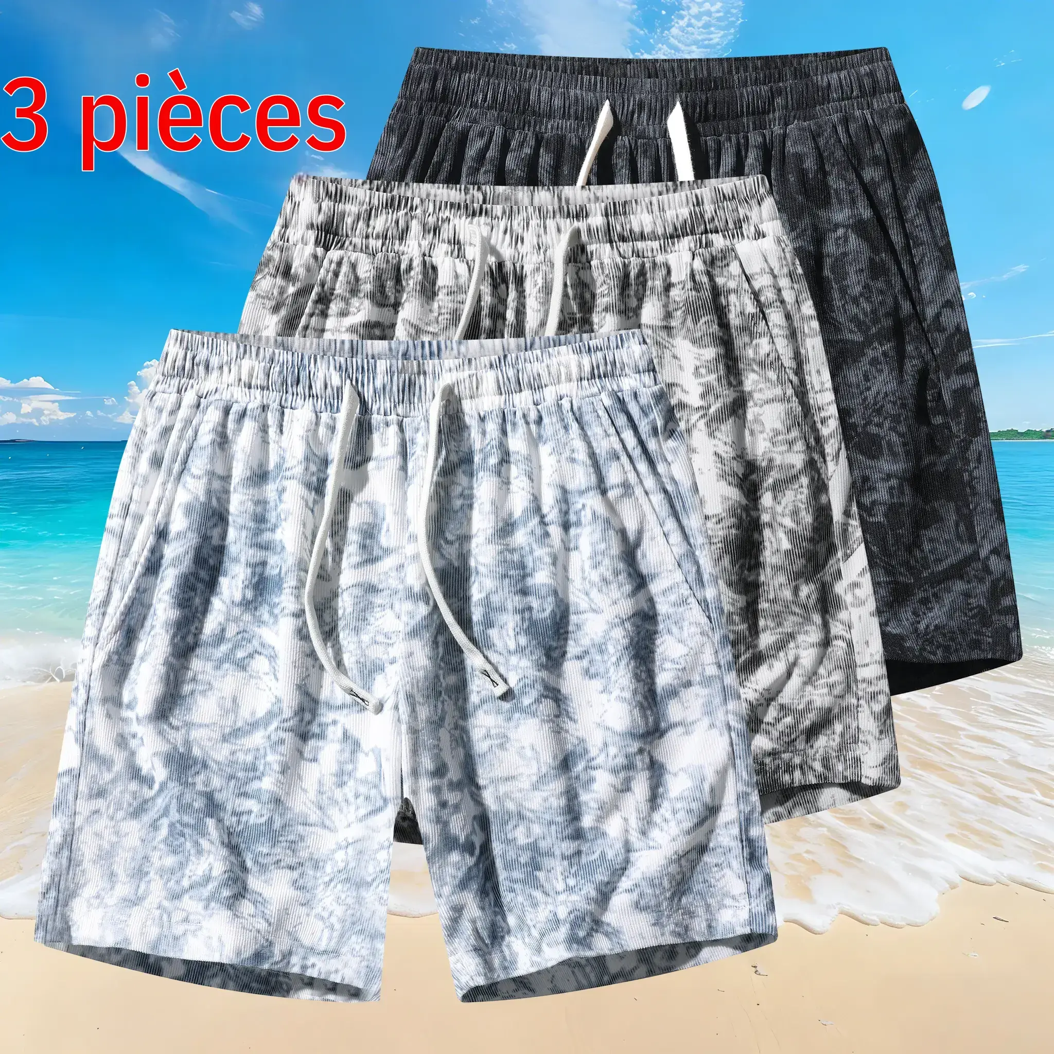 Men’s summer corduroy casual shorts with stylish print, drawstring tie, suitable for everyday wear and vacations