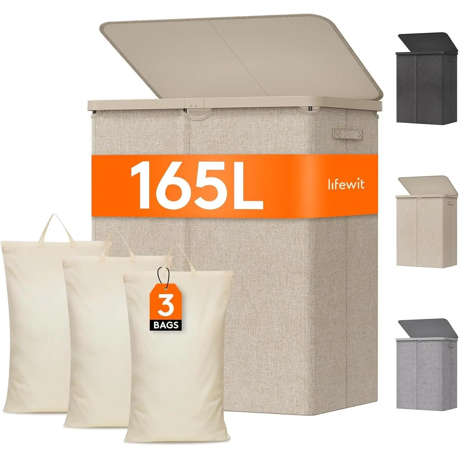 165L Large Laundry Basket with Lid, Laundry Hamper with Plastic Handles and Removable Bag, Foldable Tall Dirty Clothes Hampers for Laundry for Laundry Room, Bedroom, Bathroom, Dorm, Beige