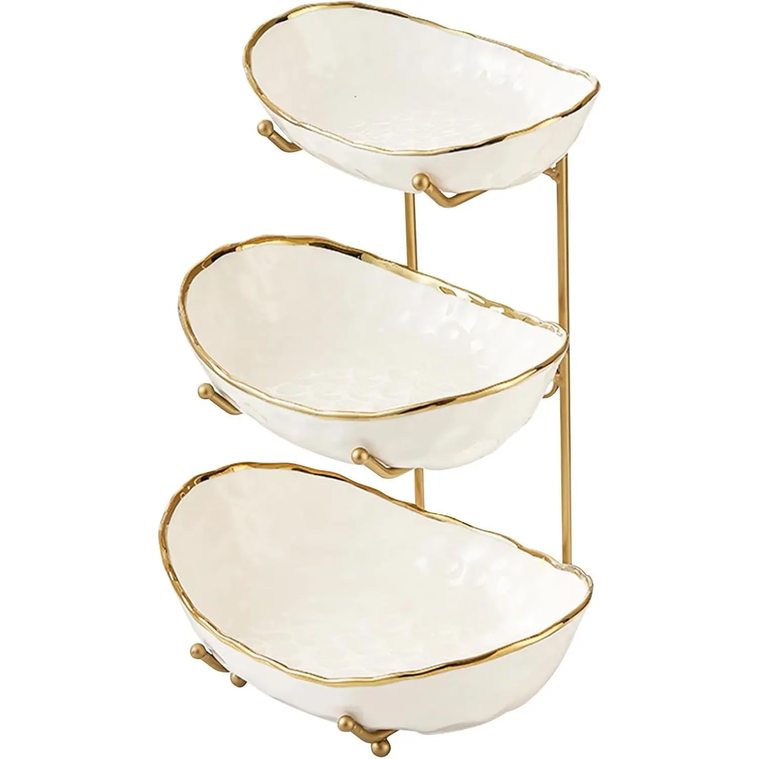 White Fruit Bowl with Gold Metal Stand, 3 Tier Modern Ceramic Fruit Bowl Fruit Rack for Kitchen Counter, Tiered Fruit Basket for Snacks Bread Candy Storage (White,3 Tier)