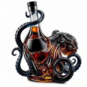 3D Octopus Whiskey Decanter, Hand-Blown Glass Liquor Bottle with Sculpted Blue Tentacles and Fitted Stopper, Nautical Home Bar Decor, Gift for Spirits Collectors (Blue Tentacles)