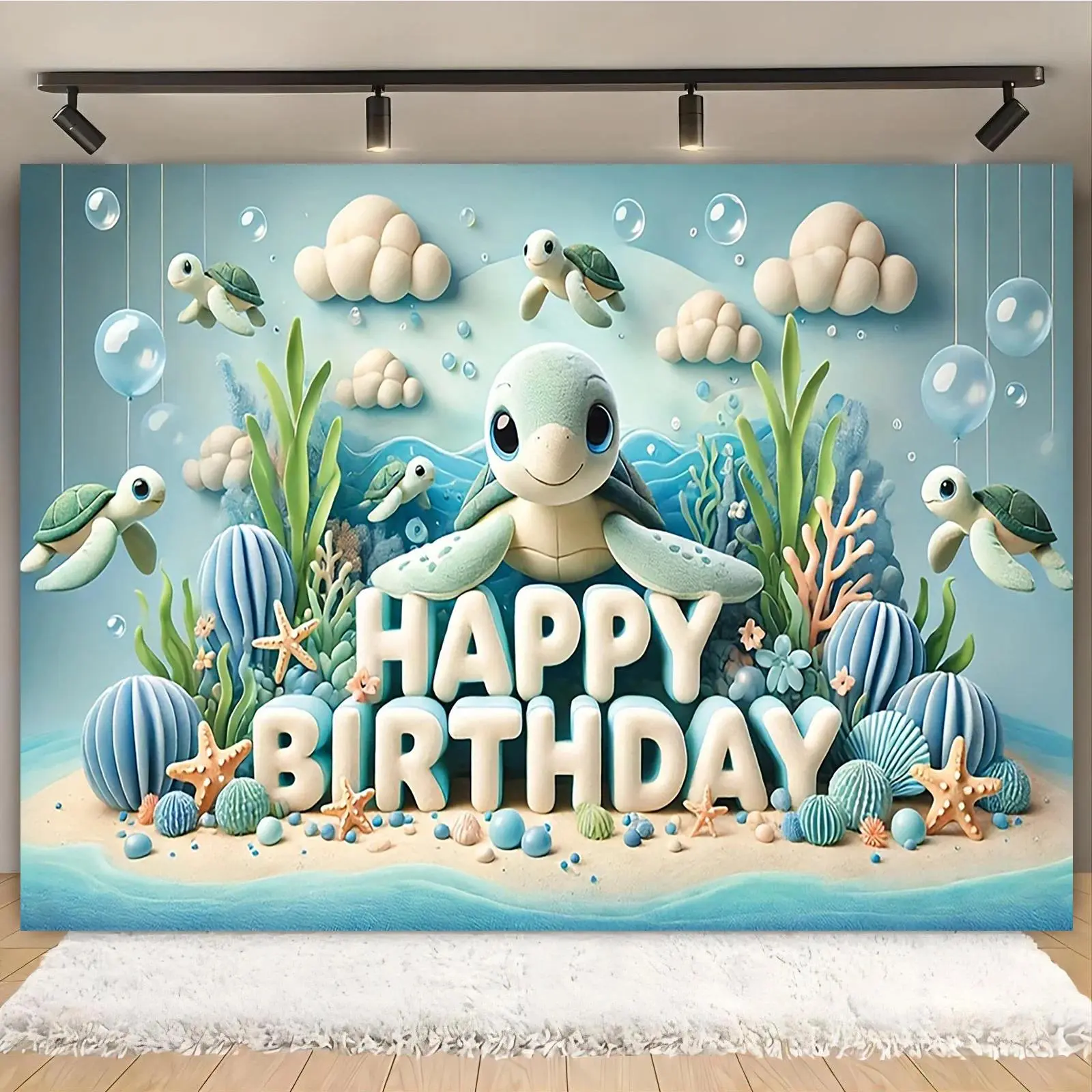 1 cute turtle themed Happy Birthday banner - vibrant polyester background with colorful sea creatures, turtle decorations