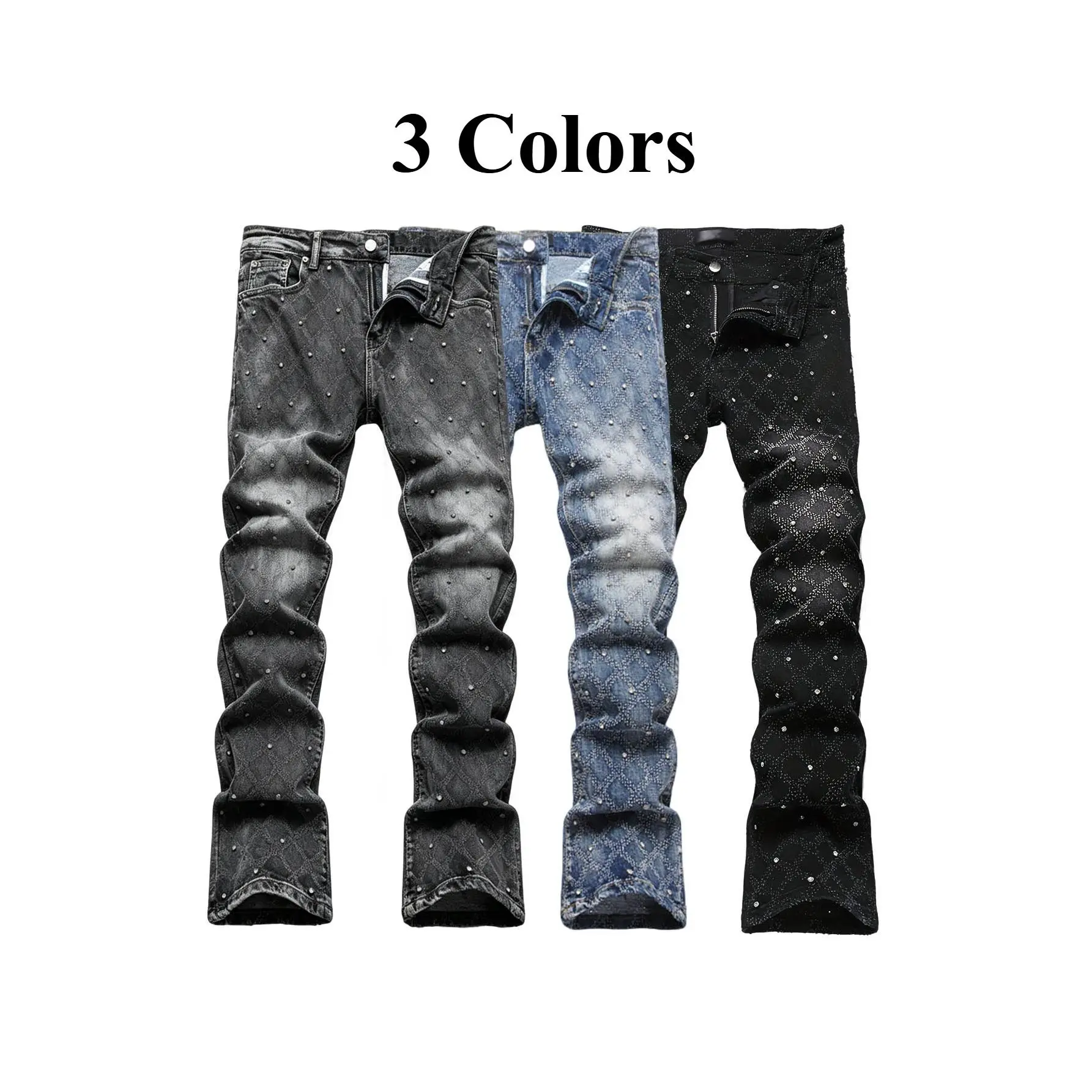 Men's Slim Fitting Jean Pants with Raw Hem, Plaid Print & Hot Stamping Denim, Ideal for All-Season Streetwear Outfits