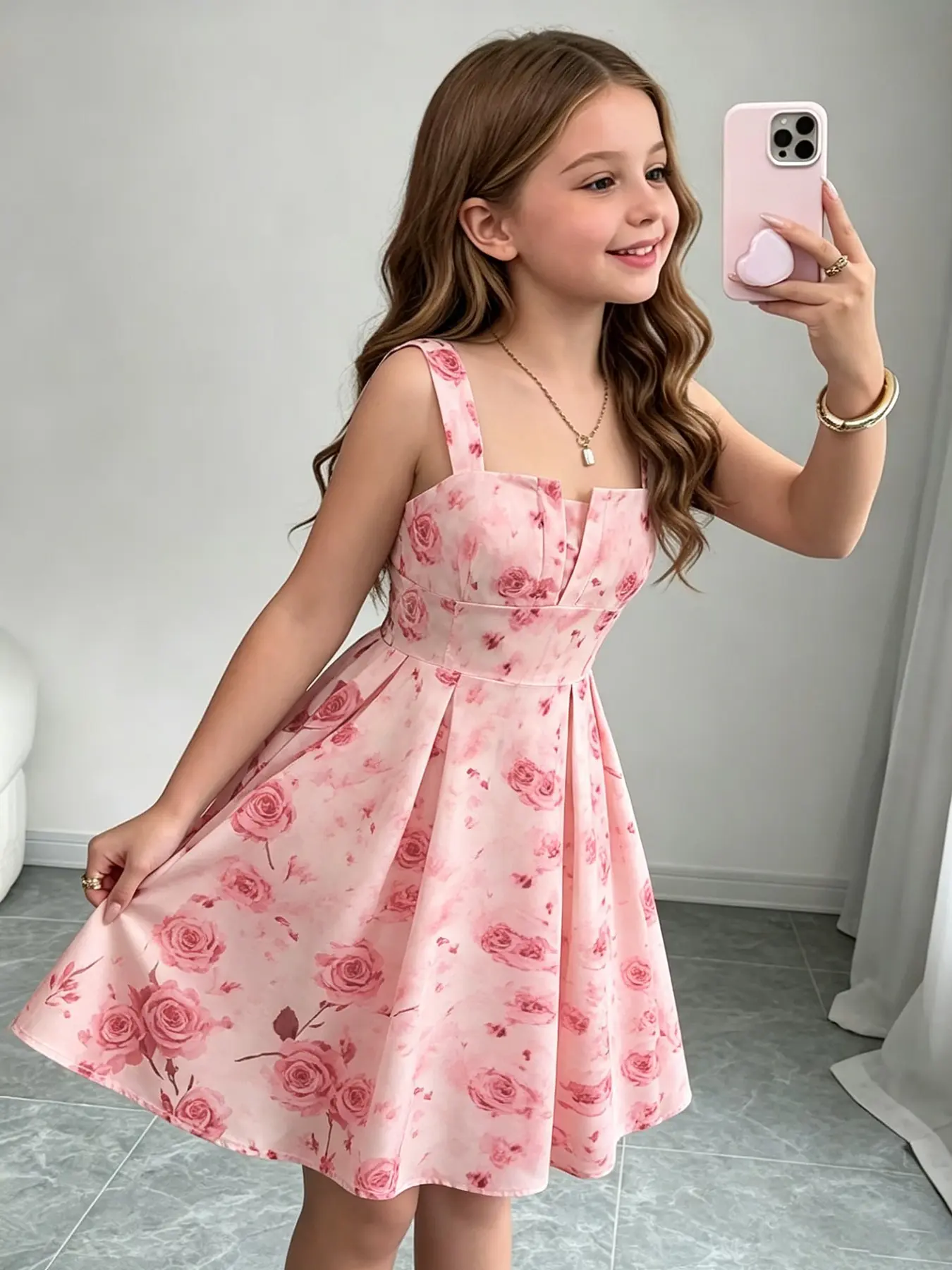 Girls' Cute Floral Dress, Square Neck Strap Design, Comfortable Waist Tie, A-Line Party Dress, Perfect for Holidays, Casual Wear and Daily Wear