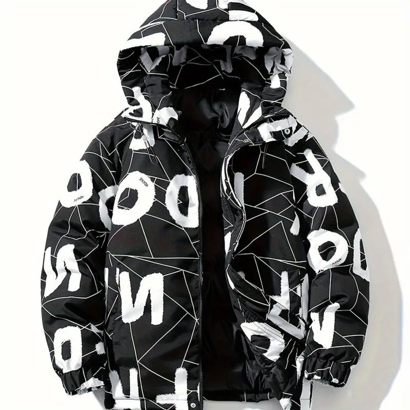 Mens Stylish Hooded Puffer Coat - Water-Resistant, Breathable, Zip-Up, Long Sleeve, Loose Fit, Polyester Outer, Cotton Filled, Single Breasted, Regular Length, Hand Washable - Perfect for Casual Winter Outdoor Activities
