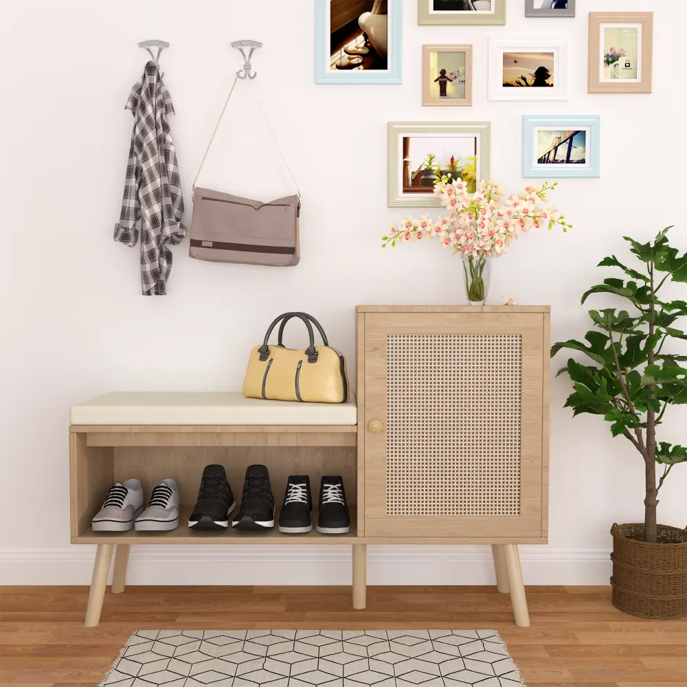 Littleox 2-in-1 Shoe Storage Bench, PP Rattan Shoe Cabinet with 2 Adjustable Shelves and Removable Seat Cushion, Modern Entryway Bench, Shoe Storage Organizer, Shoe Rack for Hallway, Bedroom