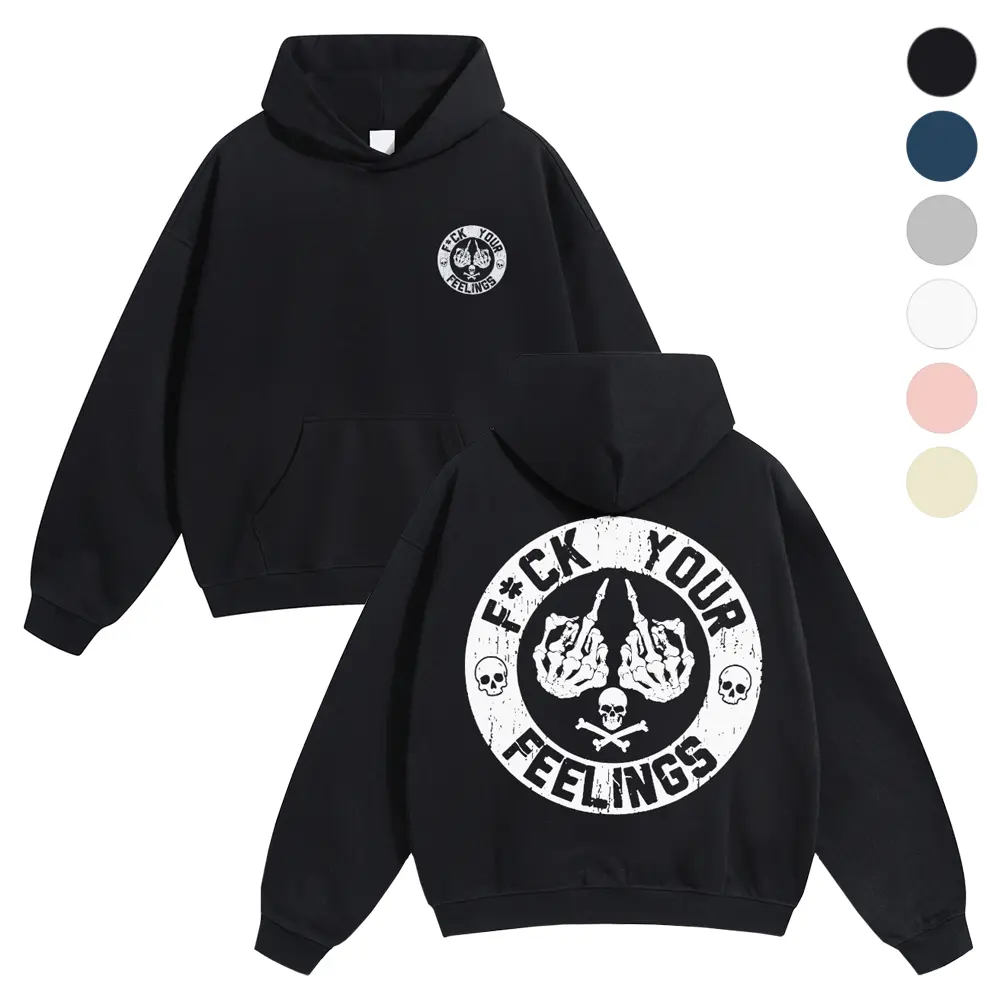 Women's Gothic Dark Alt Pure Cotton Hoodie - Retro Grain Texture, Circle Bone Hand & Multi Skull Back Graphic, Unisex Essential Style T-Shirt Fabric Sweatshirt