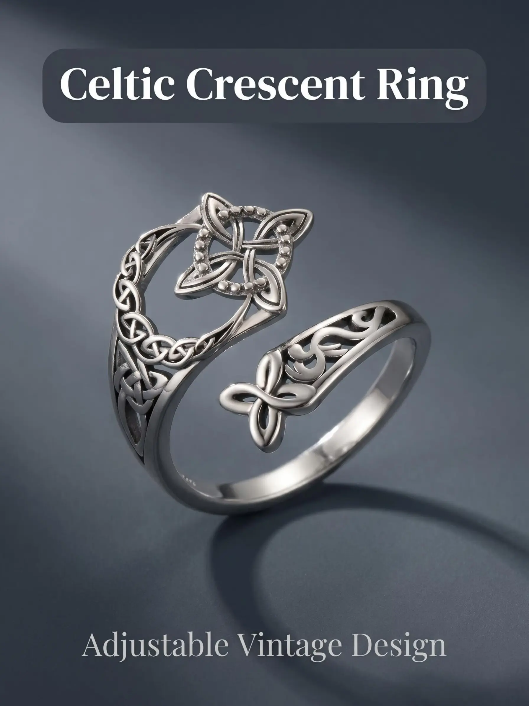 Vintage Silver Color Celtic Knot Crescent Open Ring, Adjustable Retro Hollow Out Jewelry, Unique Design for Women & Men