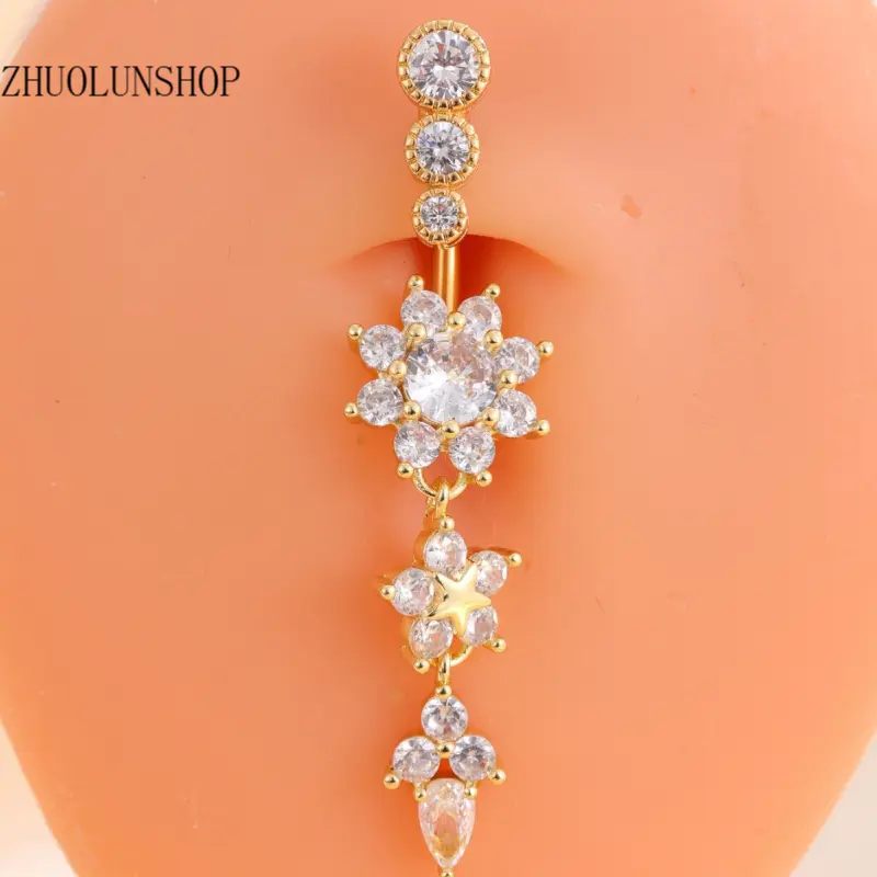 Floral‑Designed Copper‑Based Plated‑Metal Navel Belly Ring for Women & Teen‑Girls All‑Season Casual‑Style Piercing Body Jewelry, Sleek Minimal‑Chic Appearance, Nickel‑Free Hypoallergenic Rust‑Resistant Smooth Polished Surface, Versatile Piercing Jewelry f