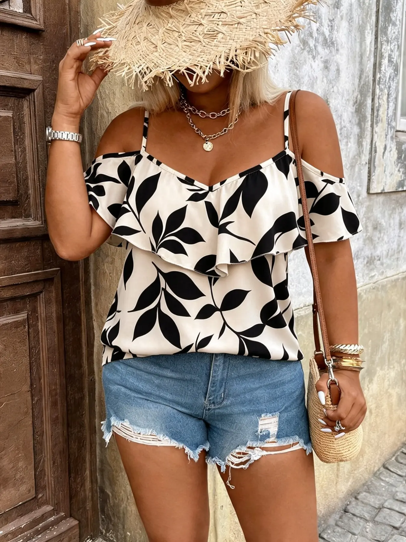 Summer New Leaf Print Off-Shoulder Chic Chiffon Top, French Vintage Ruffle V Neck Strapless Blouse, Beach Vacation Loose Short Sleeve Shirt