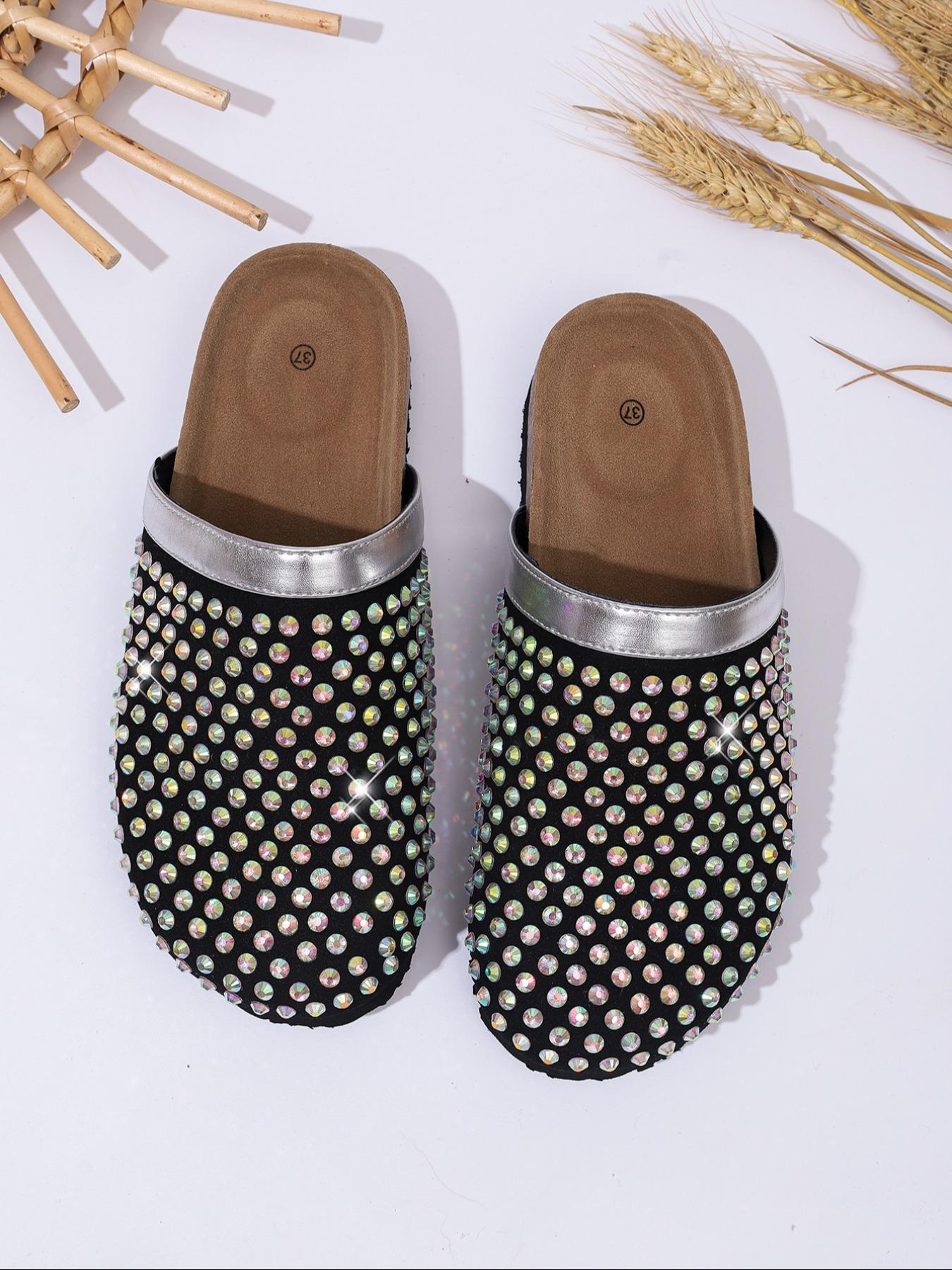 Women's Rhinestone Decorated Slip-On Mules, Anti-Slip Thick Sole, Fashionable Indoor & Outdoor Casual Shoes, Comfortable One-Step Design, Thick Bottom Slippers