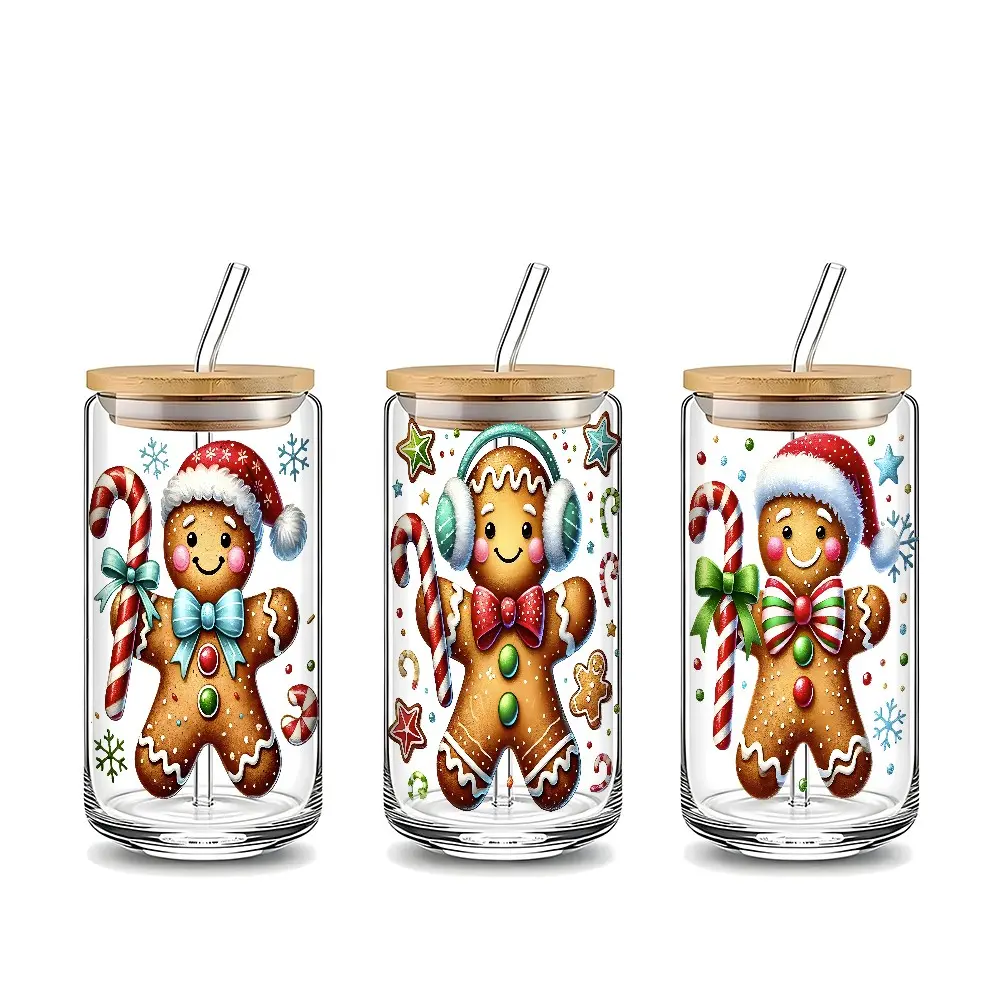 Gingerbread Man Candy Cane 16Oz Glass Cup Vibrant Christmas Cartoon Art Leak‑Resistant Bamboo Lid Straw Included Smooth Rounded Rim Durable Reusable Glass Easy To Clean For Desk Office Study Room Ideal Gift For Family Friends