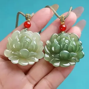 New Hotan Jade Lotus Flower Pendant Charm Jadeite Green Stone Natural Emerald Necklace Gift Women Men Talismans Necklace Jewelry
