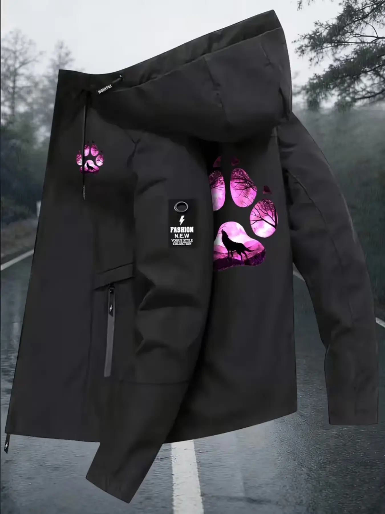 Women's Sport Jacket, Wolf Print, Forest, Wolf Howl Silhouette, Long Sleeve Zip Pocket Hooded Coat, Lightweight, Casual, All Seasons