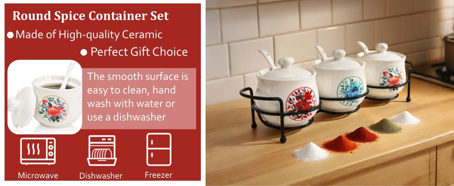 3 Pcs Ceramic Condiment Jars, 7 Oz Small Sugar Bowls with Lids Spoons and Shelf, Round Spice Container Pot Set for Salt Pepper, Empty Seasoning Box for Kitchen Restaurant Home, White
