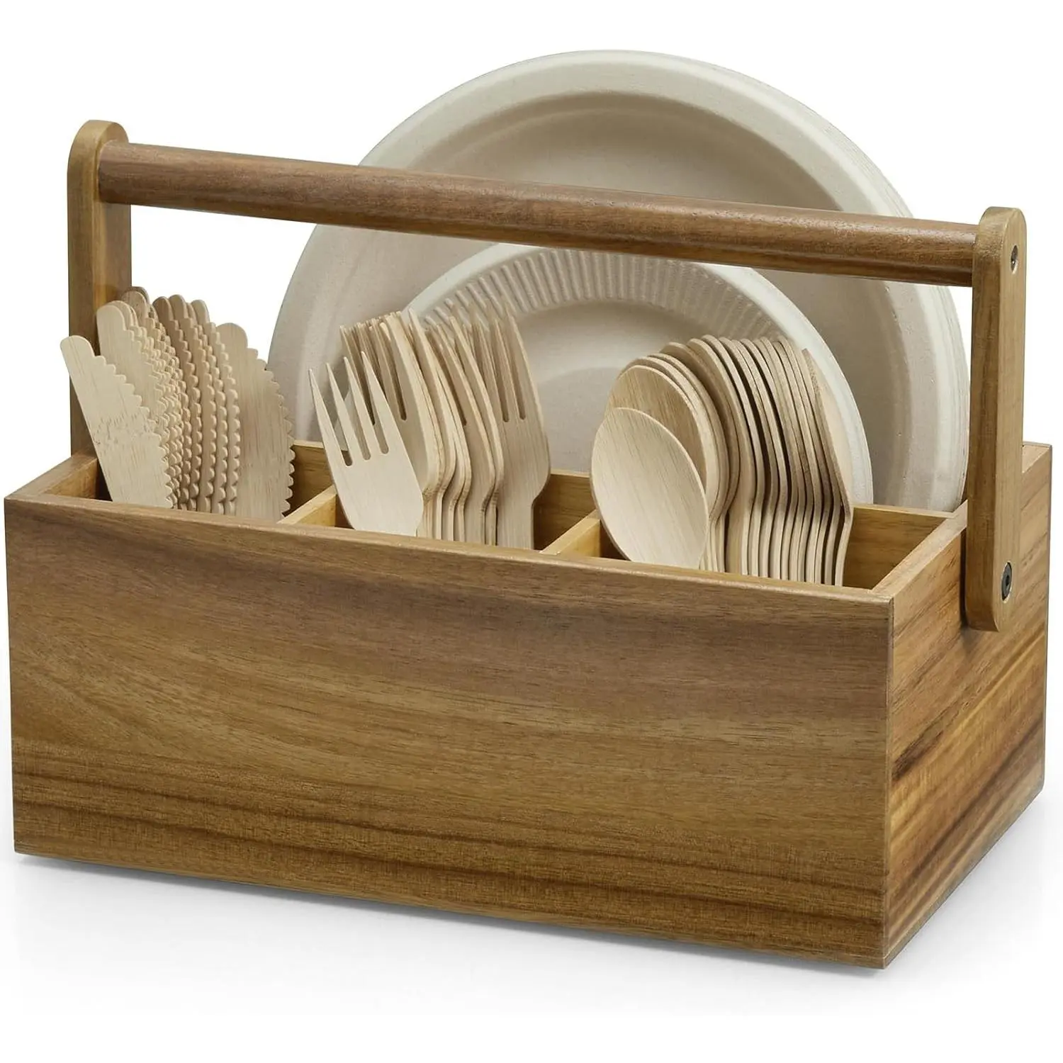 Portable 10-Inch Wooden Paper Plate Dispenser with Handle - Home Kitchen Countertop Organizer, Cutlery Caddy for Picnic Use, Picnic Accessories