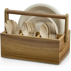 Paper Plate Dispenser, Paper Plate Holders with Handle, Picnic Silverware Caddy for Party, Cutlery Holder for Countertop, Wood Utensil Organizer for Home Kitchen & RV