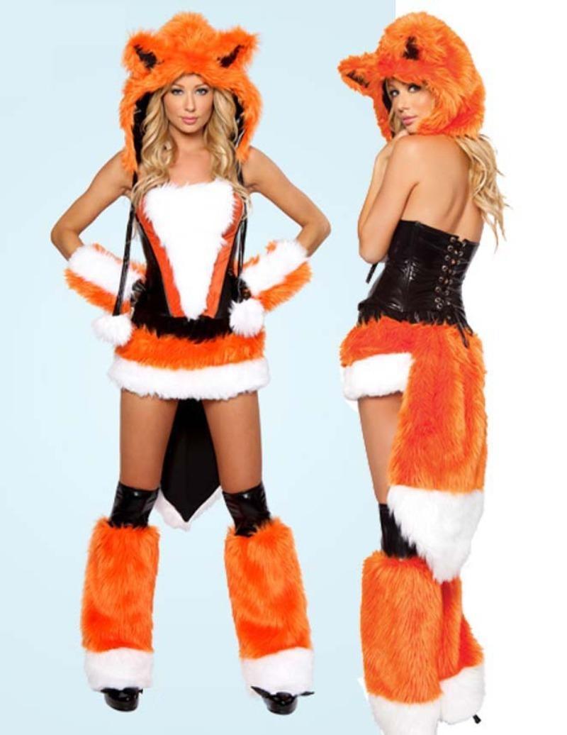 Woman Sexy Animals Costume Bunny White Leopard Fox Roleplay Outfit Hooded Dress with Tail Carnival Halloween Cosplay Party