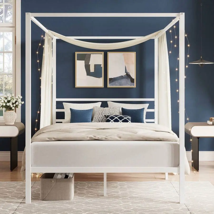 White Canopy Bed Frame, Full/Queen Size, Metal Canopy Platform Bed With 4 Posts, Mattress Foundation With Metal Slats Support, No Box Needed, Noise Free, Easy Assembly * Bed Frame Queen Queen Bed Frame Bed Frame Full Full Size Bed Frame Size Bed Frame Twi